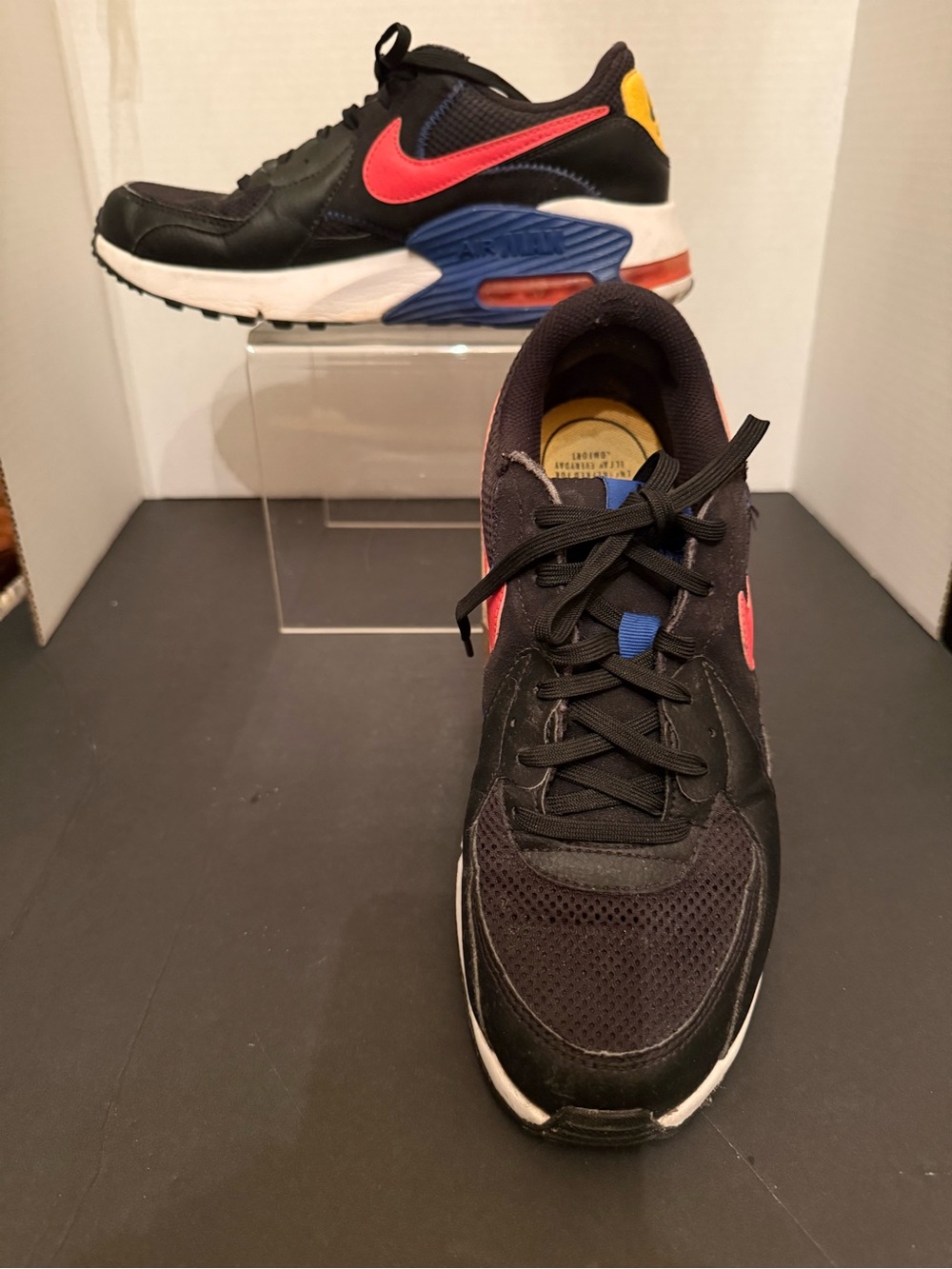 Nike Air Max Black Sneakers with Red Swoosh and Blue & Yellow Accents 8.5